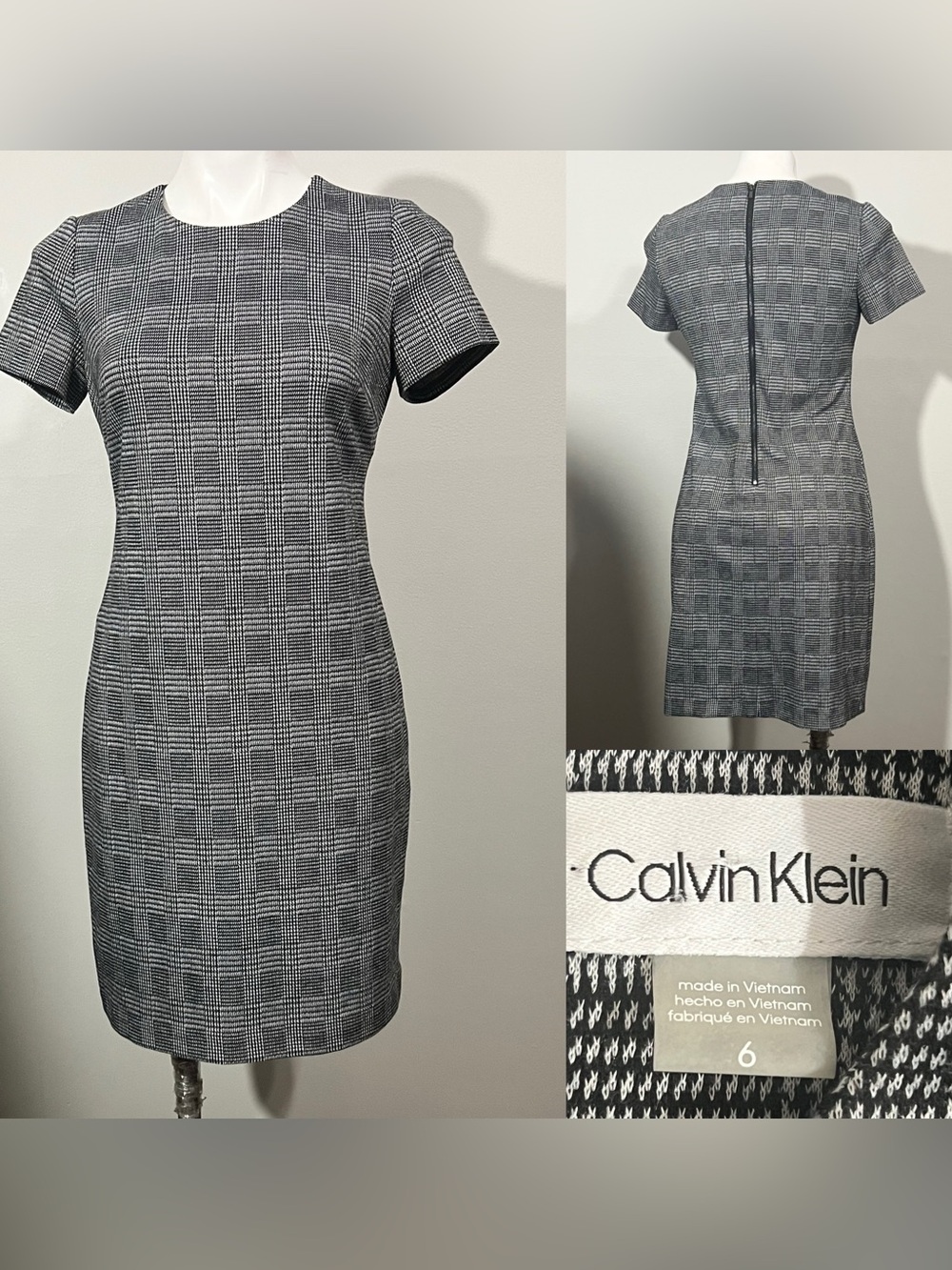 Calvin Klein Dress sz 6 Gray/Black‎ Plaid Short-Sleeve Sheath knee length